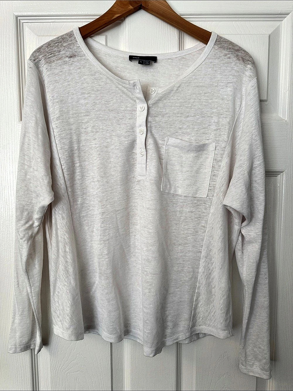 Vince Linen Long Sleeve Henley Linen Top White Large